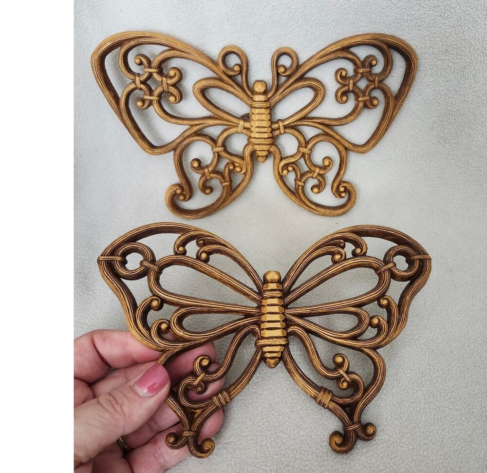Vtg Lot 2 Dart Butterfly Wall Hanging Decor Brown Wood Grain Hobo Ornate